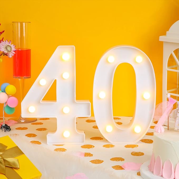 Treela 8.7'' Birthday Decorative LED Light up Numbers, Glitter Marquee Number Sign for Night Birthday Party Decorations Anniversary Bar LED Sign Backdrop Wall Table Centerpieces(40th,White)