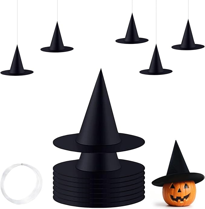 ZeeDix 8 Pcs Halloween Witch Hats Hanging Decor Indoor, Black Floating Witches Hat with 98 Ft Hanging Rope, Wizard Costume Accessories Outdoor Halloween Decorations for Home Yard Porch Ceiling