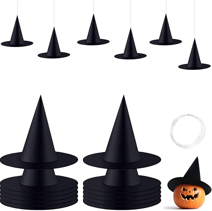ZeeDix 12 Pcs Halloween Witch Hats Hanging Decor Indoor, Black Floating Witches Hat with 98 Ft Hanging Rope, Wizard Costume Accessories Outdoor Halloween Decorations for Home Yard Porch Ceiling