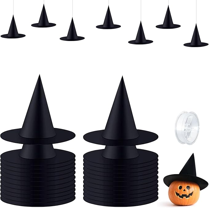 ZeeDix 24 Pcs Halloween Witch Hats Hanging Decor Indoor, Black Floating Witches Hat with 98 Ft Hanging Rope, Wizard Costume Accessories Outdoor Halloween Decorations for Home Yard Porch Ceiling