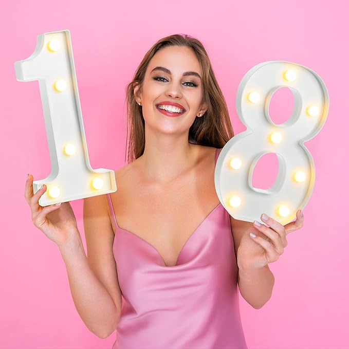 Treela 8.7'' Birthday Decorative LED Light up Numbers, Glitter Marquee Number Sign for Night Birthday Party Decorations Anniversary Bar LED Sign Backdrop Wall Table Centerpieces(18th,White)