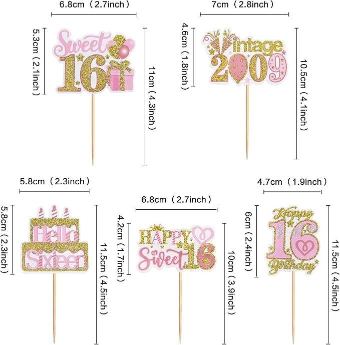 25 Pack Sweet 16th Cupcake Toppers Hello Sixteen 16 Vintage 2009 Happy 16th Birthday Cupcake Picks for Happy Sweet 16 Wedding Anniversary Party Cake Decorations Supplies (pink)