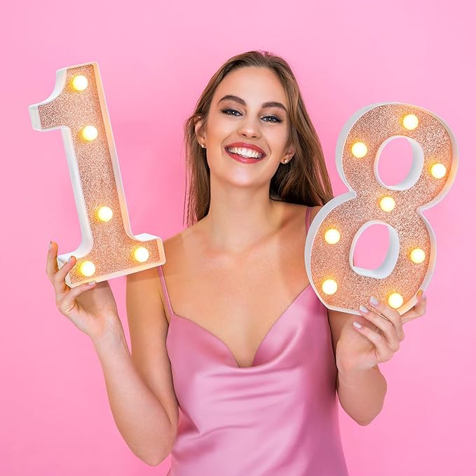 Treela 8.7'' Birthday Decorative LED Light up Numbers, Glitter Marquee Number Sign for Night Birthday Party Decorations Anniversary Bar LED Sign Backdrop Wall Table Centerpieces(18th,Rose Gold)