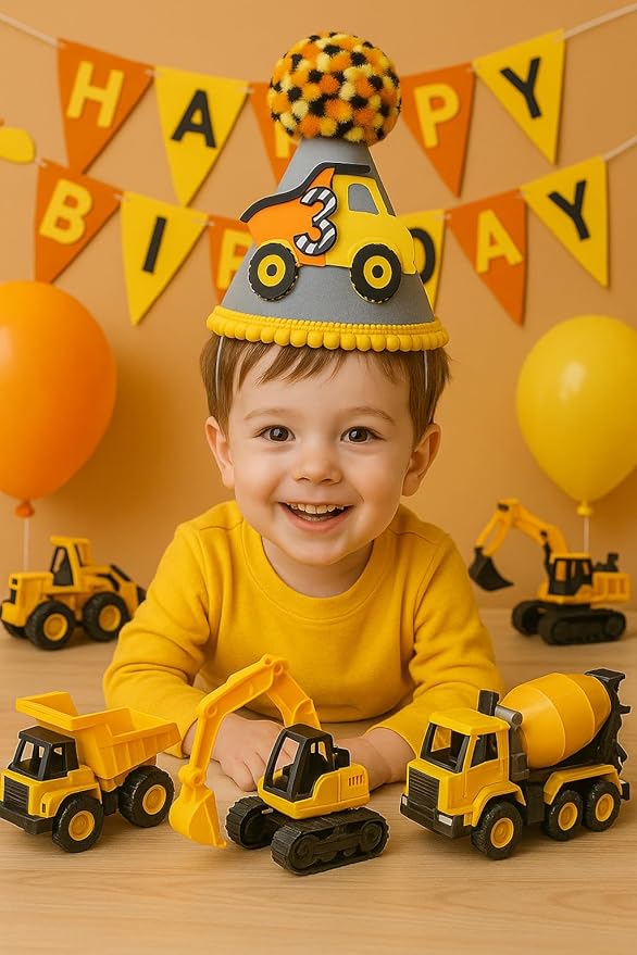 345 Pcs Construction 3rd Birthday Party Supplies, Dump Truck Three Years Old Party Decorations Include Backdrop, Balloons Box, Hanging Swirls, Hat, Tablecloth, Plates, Cake Toppers, Balloons Garland