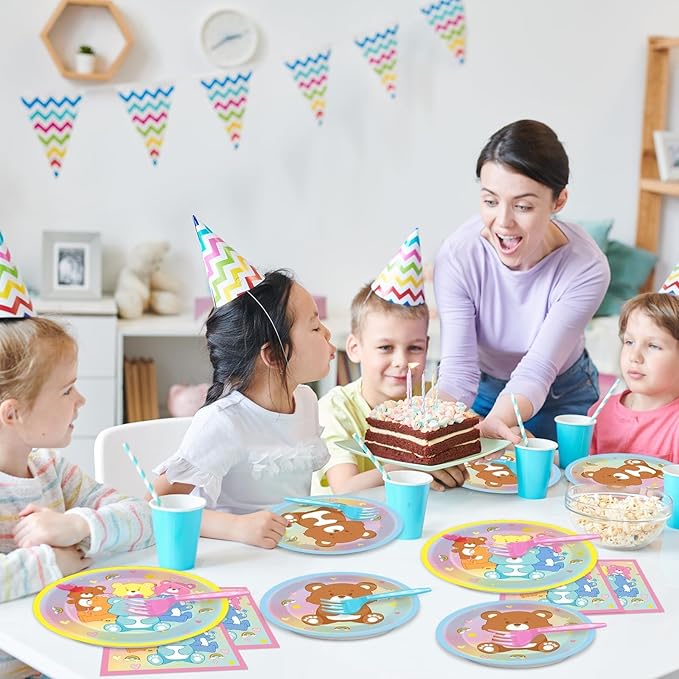 96Pcs Cute Bear Birthday Party Plates and Napkins Bear Rainbow Party Decorations Pastel Bears Theme Supplies Cute Bears Theme Paper Dessert Plates Tableware Set for Kids Boy Girl Baby Shower 24 Guests