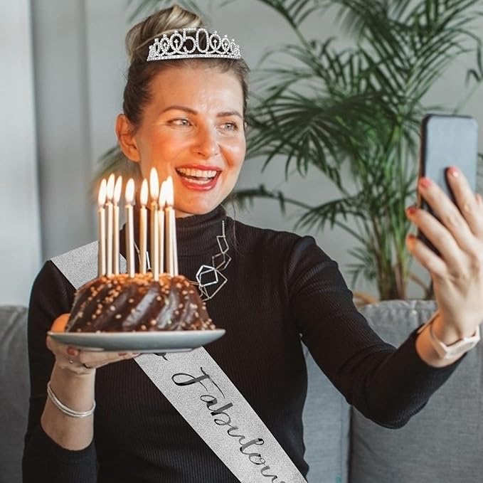 "50 & Fabulous" Birthday Tiara and Sash Kit- 50th Birthday Gifts for Women 50th Birthday Party Decorations (silver)