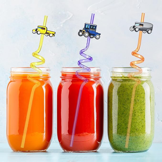 24 Pcs Vintage Classic Car Plastic Straws Vintage Car Theme Party Supplies Reusable Drinking Straw for Kids Teens Adults Birthday Party Supplies Favors Decorations