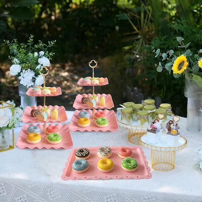 5 Pcs Cupcake Stand Set - Pink Plastic Dessert Table Display Set, 2x Pink Square 3 Tier Cupcake Display Stands Cookie Tray Rack Serving Tower & 3x 14 in Plastic Trays for Wedding Baby Shower Tea Party
