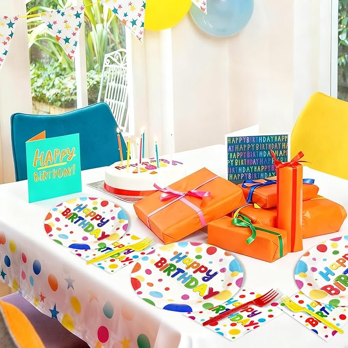 LyingMonkey 100 Pcs Birthday Colorful Dots Plates Napkins Forks, Disposable Happy Birthday Dots Tableware Set Party Supplies