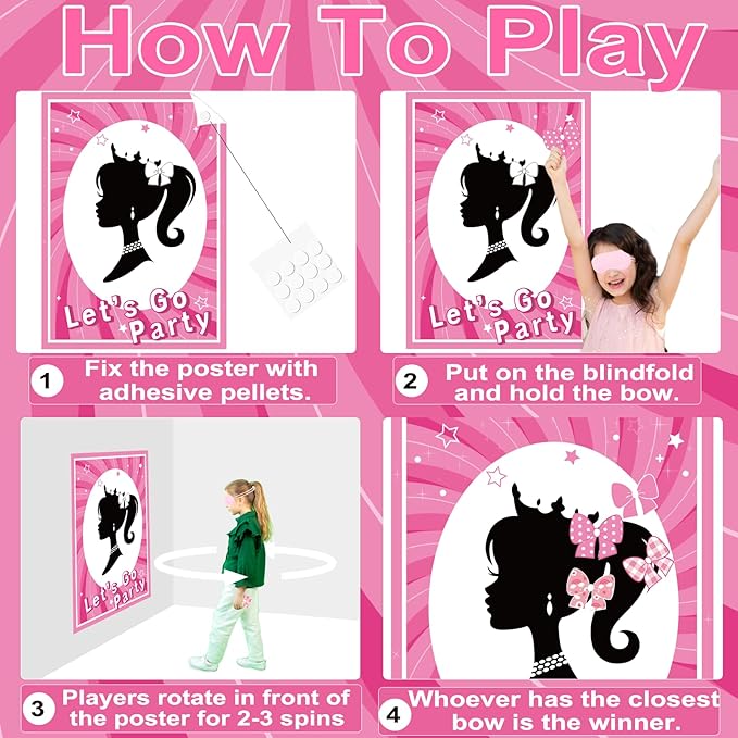 QISOLIY Pink Girl Party Game Decorations, Girl Princess Pin The Bow on The Head Party Game Supplies, Large Poster with 24 Pcs Bow Stickers Favors for Birthday Party