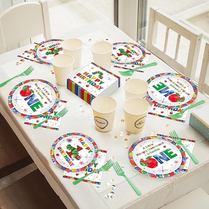 96Pcs Caterpillar 1st Birthday Party Plates and Napkins Hungry Caterpillar Theme Decor Very Hungry Paper Disposable Dessert Cake Plates Cartoon Green Insect Tableware Set for Kids Birthday 24 Guests