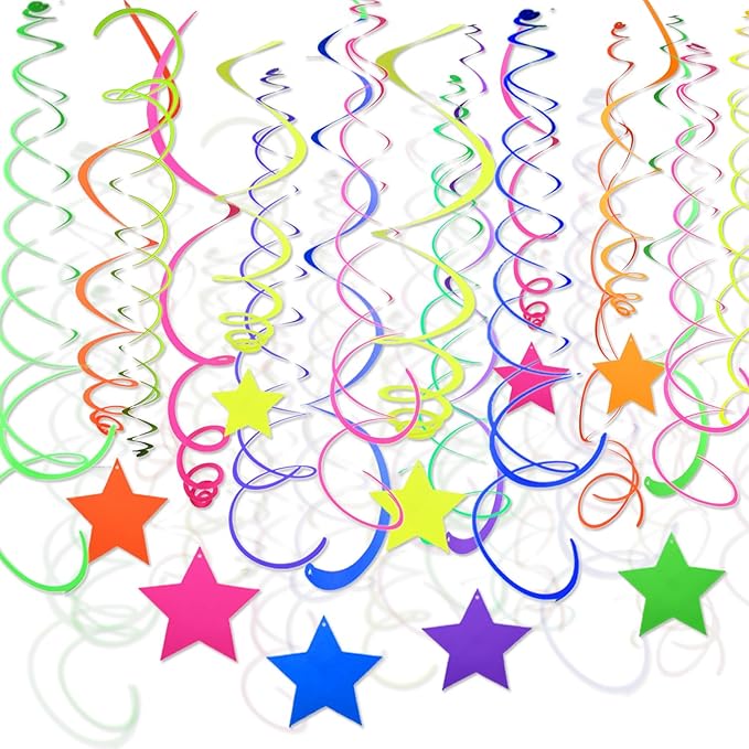 56 Pieces Rainbow Hanging Swirl Decorations Neon Swirl Streamers UV Neon Garland Ceiling Decorations Glow in The Dark Neon Party Supplies and Decorations Black Light Party Kit for Birthday Wedding