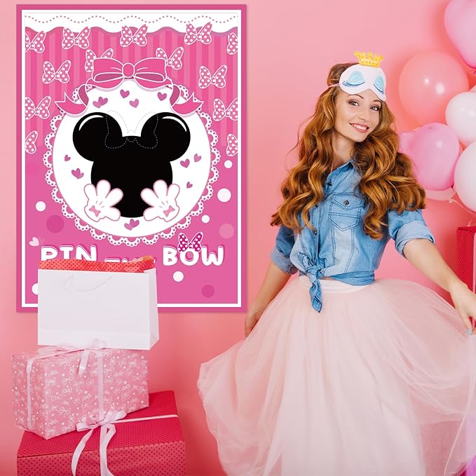 QISOLIY Pin The Bow Sticker on Mouse Party Game, Pink Girl Party Game Decorations, Pink Large Poster with 36Pcs Bow Stickers for Girls Birthday Favors