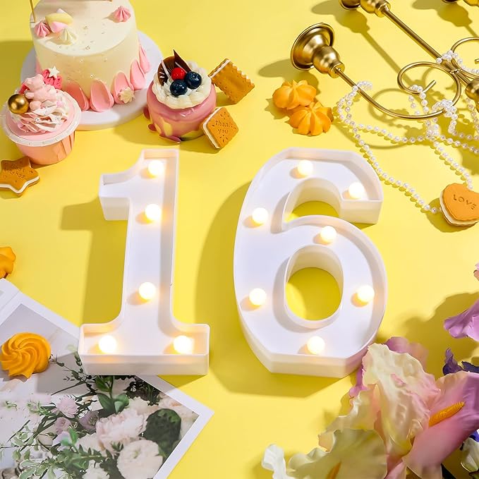 Treela 8.7'' Birthday Decorative LED Light up Numbers, Glitter Marquee Number Sign for Night Birthday Party Decorations Anniversary Bar LED Sign Backdrop Wall Table Centerpieces(16th,White)