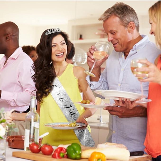 "60 & Fabulous" Birthday Tiara and Sash Kit- 60th Birthday Gifts for Women 60th Birthday Party Decorations (silver)