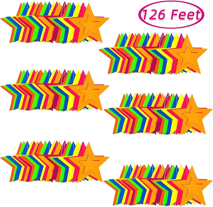 126feet UV Neon Streamers Hollowed Star Hanging Paper Glow Garland Neon Glow in The Dark Party Supplies and Decorations Blacklight Reactive Fluorescent Black Light Party Kit for Birthday Wedding