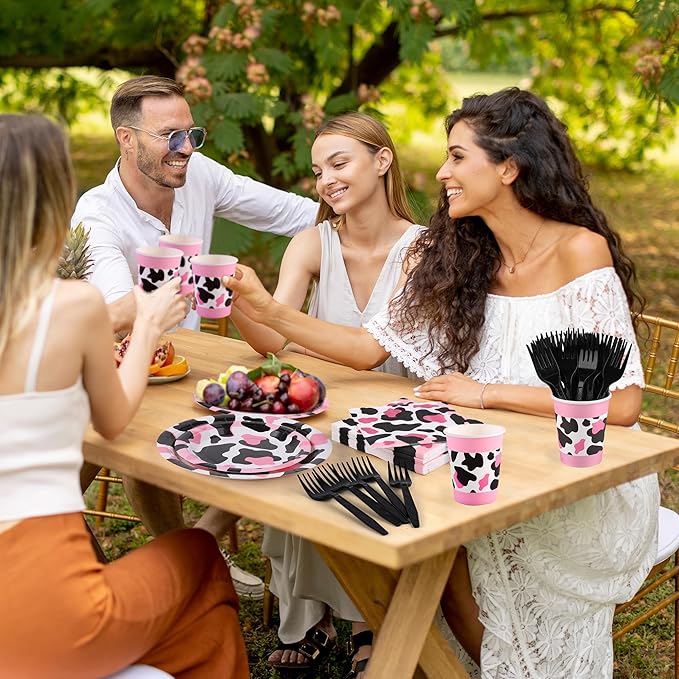 Kochorie 144 Pieces Pink Cow Print Party Tableware Sets Including Disposable Plates Napkins Cups Forks Serves 24 for Cow Theme Farm Animal Party Supplies
