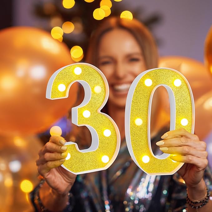 Treela 8.7'' Birthday Decorative LED Light up Numbers, Glitter Marquee Number Sign for Night Birthday Party Decorations Anniversary Bar LED Sign Backdrop Wall Table Centerpieces(30th,Gold)