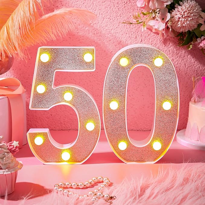 Treela 8.7'' Birthday Decorative LED Light up Numbers, Glitter Marquee Number Sign for Night Birthday Party Decorations Anniversary Bar LED Sign Backdrop Wall Table Centerpieces(50th,Rose Gold)
