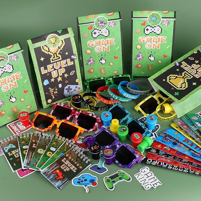 LiYiQ 122 Pcs Video Game Party Favors With Video Game Sunglasses Slap Bracelets Notebook Stamps Stickers and Gift Bag for Video Game Gamer Birthday Party Supplies