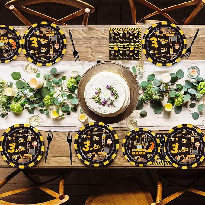 80 Pcs Construction 3rd Birthday Party Supplies Dump Truck Theme Three Decorations Tableware Includes Plates, Napkins, Forks for Boys Construction Three Years Old Birthday Party Decorations Favors