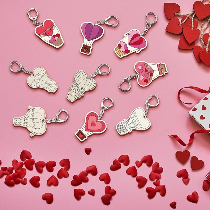RattanView 24 Pcs Valentine's Day Heart Hot Air Balloon Craft Color Your Own Keychains DIY Craft Wooden Blank Keychains for Sunday School Classroom Home Active Party Favors Gifts, 12 Styles