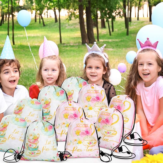 Censen 24 Pcs Tea Party Drawstring Bags Set Bulk 12 x 10 Inch Spring Themed Bags for Girls Boys Kid Birthday Baby Shower Party