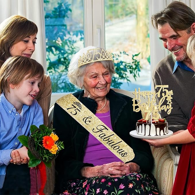 75th Birthday Decorations - Women's Sash & Tiara, Cake Toppers, Number 75 Candles, Gold Balloons, Party Gifts