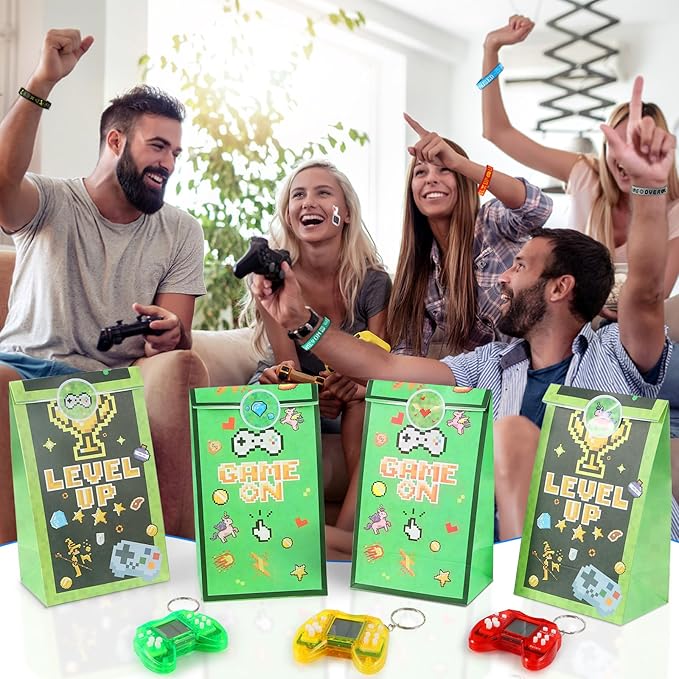 LiYiQ 122 Pcs Video Game Party Favors With Video Game Keychains Slap Bracelets Temporary Tattoos Silicone Wristband Gift Tags Stamps Stickers and Gift Bags for Gamer Birthday Party Supplies