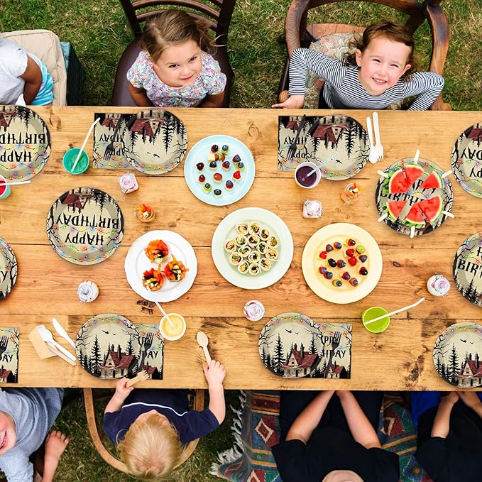 96pcs Retro Scary House Paper Plates Spooky Rustic Alphabet Tableware Sets Colorful Light Bulbs Party Decorations Forest Dinner Plates and Napkins Forks for Birthday Party Supplies Serve 24 Guests