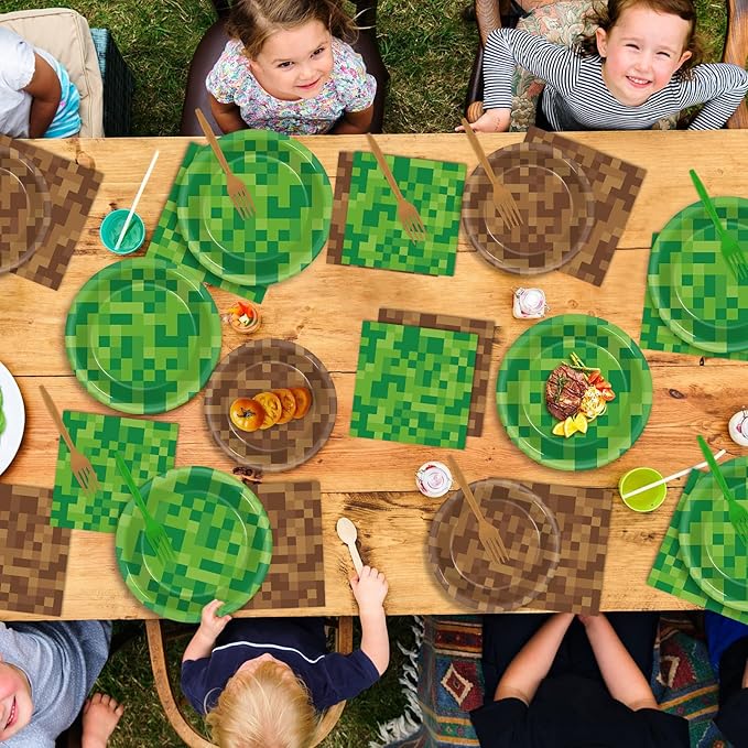 96Pcs Pixel Party Paper Plates and Napkins Video Game Party Decorations Pixel Paper Dessert Plates Mining Gaming Disposable Tableware Set Boys Girls Kids Teenagers Birthday Supplies 24 Guests