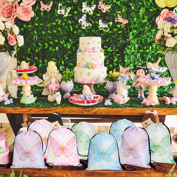 Censen 24 Pcs Butterfly Party Favors Drawstring Bags Bulk 12 x 10 Inch Waterproof Beach Treat Candy Gift Bag for Baby Shower Butterfly Fairy Birthday Party Supplies