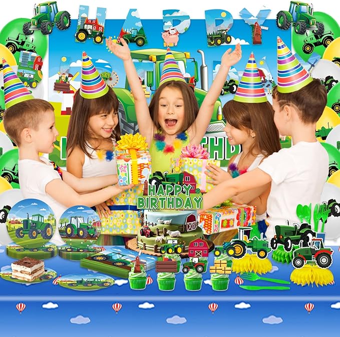 186Pcs Tractor Birthday Decoration Pack Kit Include Farm Tractor Paper Plates Napkins Cups and knives Forks Spoons Tablecloch Balloons kids Dinnerware Set Kids Tractor Party Supplies