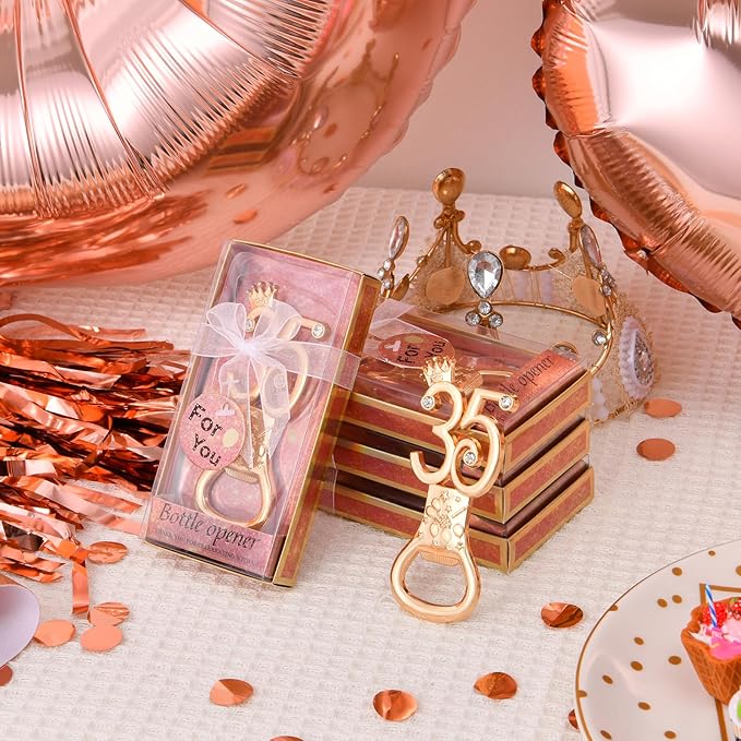 24 boxes of rose gold themed 35th birthday bottle openers, suitable for 35th anniversary wedding party gifts birthday party souvenirs or party decorations