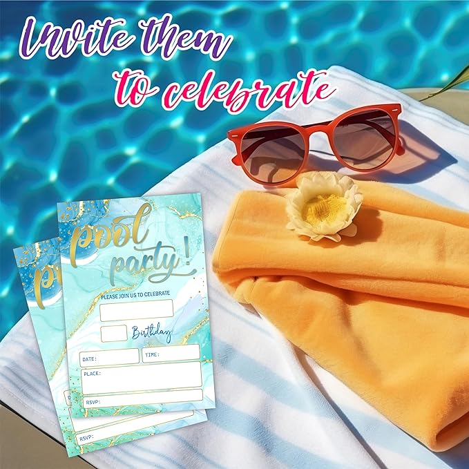 Pool Party Birthday Invitations(4"X 6"), Gold & Blue Double-Sided Invites, Kids & Adults Birthday Invites With Envelopes, Party Decoration & Supplies - Pi- A08
