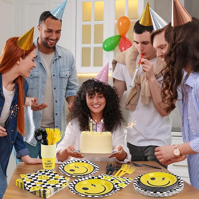 Kochorie 144 Pieces One Happy Dude Party Tableware Sets including Disposable Plates Napkins Cups Forks Serves 24 for Smiley Face 1st Birthday Preppy Party Decorations