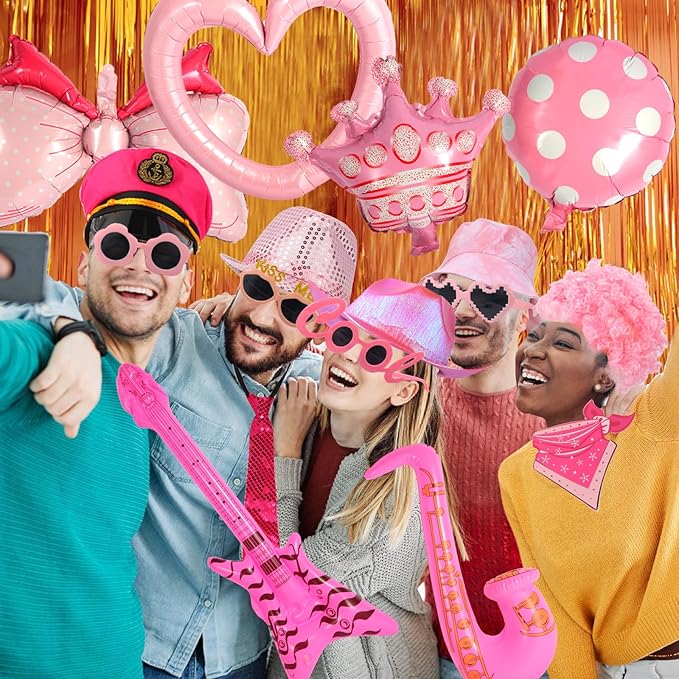 Bulk Premium Hot Pink Funny Photo Booth Props Set for Women, Cute Hot Pink Hats, Glasses, Wig, Inflatable Props, PhtotBooth Props Kit for Girls Bachelorette, Wedding, Bridal Shower and All Occasions