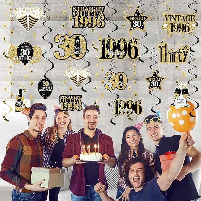 Turypaty 30th Birthday Decorations Hanging Swirls for Men Women, Black Gold Vintage 1996 30th Birthday Foil Swirls Party Supplies, Thirty Year Old Birthday Ceiling Hanging Decorations