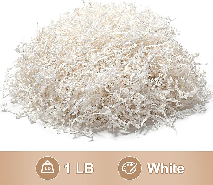 Wowxyz 1 LB Crinkle Cut Paper Shred White Crinkle Shredded Paper for Gift Baskets - Gift Box Bag Filler - Confetti Stuffing for Birthday, Holiday Present Packaging Wrapping