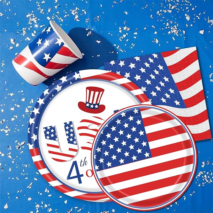 60Pcs Patriotic Plates and Napkins, 4th of July Tableware Party Supplies Disposable Dinner Dessert Paper Plates and Napkins for Independence Day, Labor Day, Veterans Day, Election Day Decorations