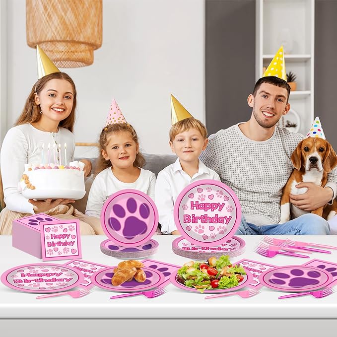 96 Pcs Pink Paw Birthday Party Plates and Napkins Puppy Print Party Decorations Dog Theme Supplies Lets Pawty Paper Dessert Plates Tableware Set for Kids Boy Girl Baby Shower 24 Guests
