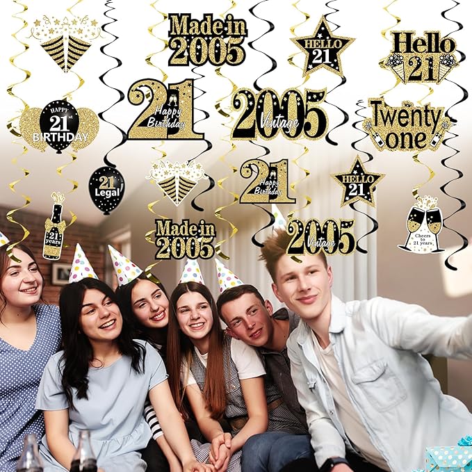 Turypaty 21st Birthday Decorations Hanging Swirls for Boys Girls, Black Gold Vintage 2005 21st Birthday Foil Swirls Party Supplies, Twenty-One Year Old Birthday Ceiling Hanging Decorations