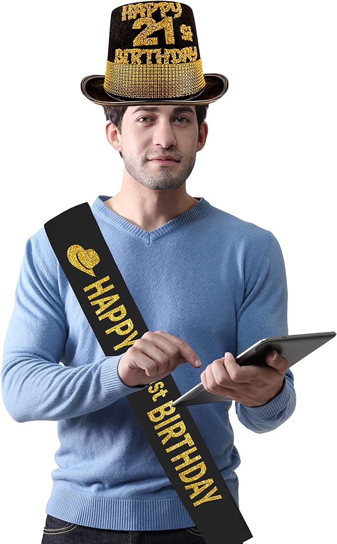 21st Birthday Celebration Bundle - Hat, Sash, Decorations for Men's Milestone Birthday