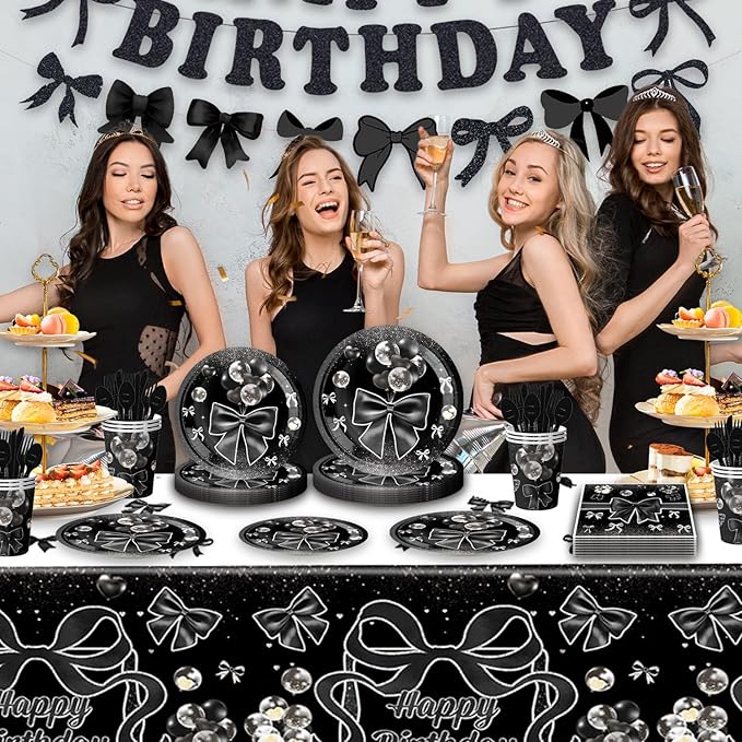 171Pcs Black Silver Bow Birthday Party Decorations for 20 Guests - Black Silver Bow Tableware Plates Napkins Forks Cups Straws Tablecloch for Baby Shower Birthday Party Decorations