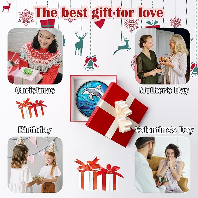 Stained Glass Suncatcher, Blue Ocean Dolphin Sun Catcher Marine Life Stain Glass Indoor Window Hanging Decoration Mother's Day Birthday Gifts for Women Men Mom and Nana 15 in