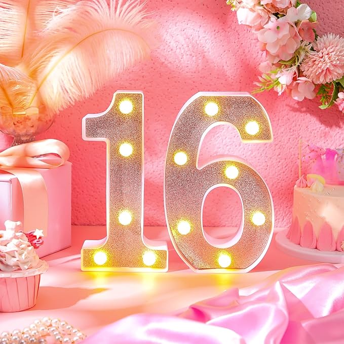 Treela 8.7'' Birthday Decorative LED Light up Numbers, Glitter Marquee Number Sign for Night Birthday Party Decorations Anniversary Bar LED Sign Backdrop Wall Table Centerpieces(16th,Rose Gold)