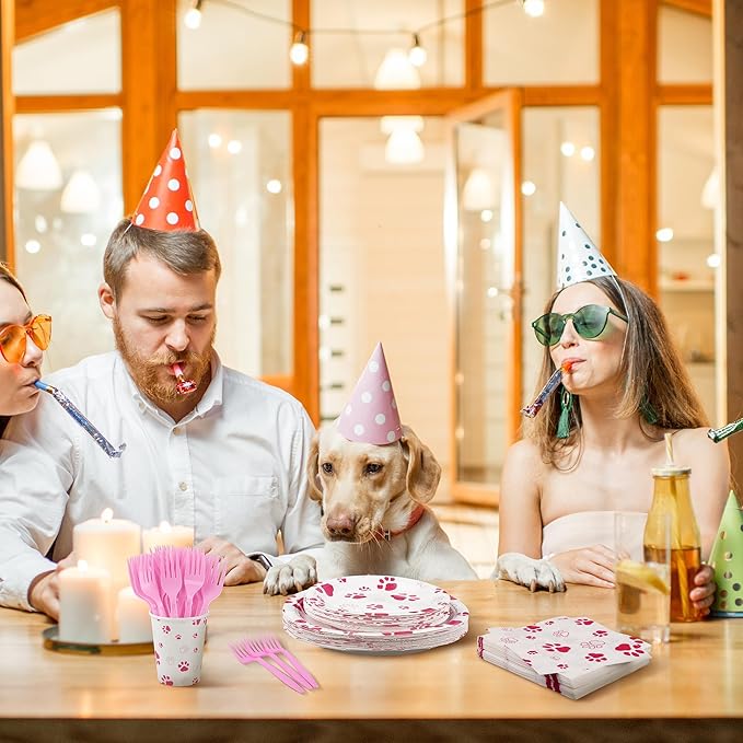 Kochorie 144 Pieces Pink Paw Print Party Tableware Sets Including Disposable Plates Napkins Cups Forks Serves 24 for Dog Puppy Theme Party Supplies