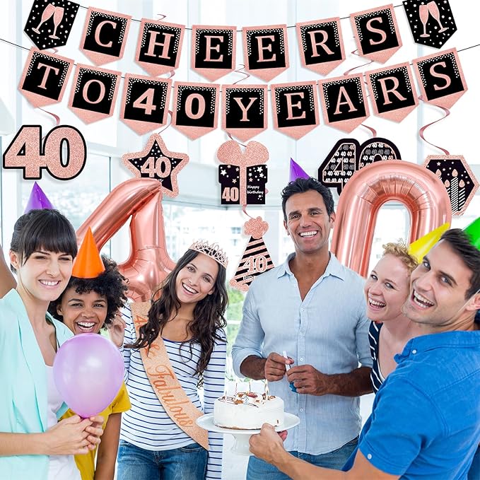14Pcs 40th Birthday Decorations for Women with Banner, Hanging Swirls, Balloons,Crown and Sash,Table Honeycombs Centerpieces, Happy 40th Birthday Decorations