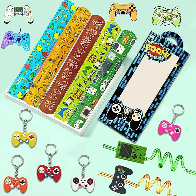 QZYCMHOO 110PCS Video Game Party Favors Gamer Birthday Party Supplies with Reusable Drinking Straws Keychains Game Boxes Gift Goodie Treat Bag Fillers Gaming Party Favors