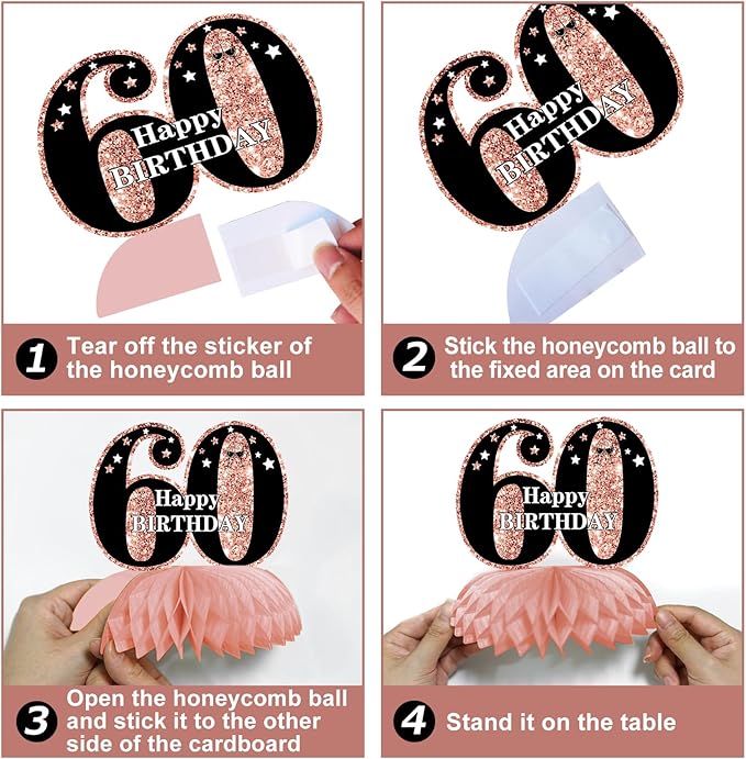 Guiruiy 13PCS 60th Birthday Decorations for Women, Rose Gold Happy 60 Birthday Banner Centerpieces Swirls Balloons Kit Party Supplies, Sixty Years Old Bday Ceiling Table Topper Decor